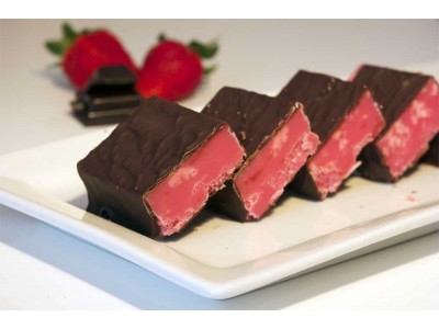 Strawberry Fudge enrobed in dark chocolate