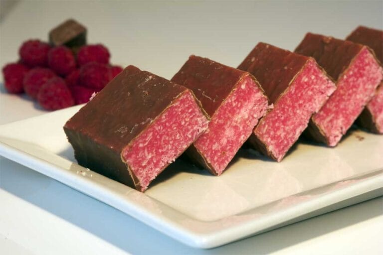 Raspberry Ruffle enrobed in milk chocolate - Rebecca's Cornish Fudge Shop